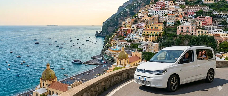 Taxi Maiori chauffeur Mr. Erasmo Amato during a scenic car service to Positano with satisfied customers.
