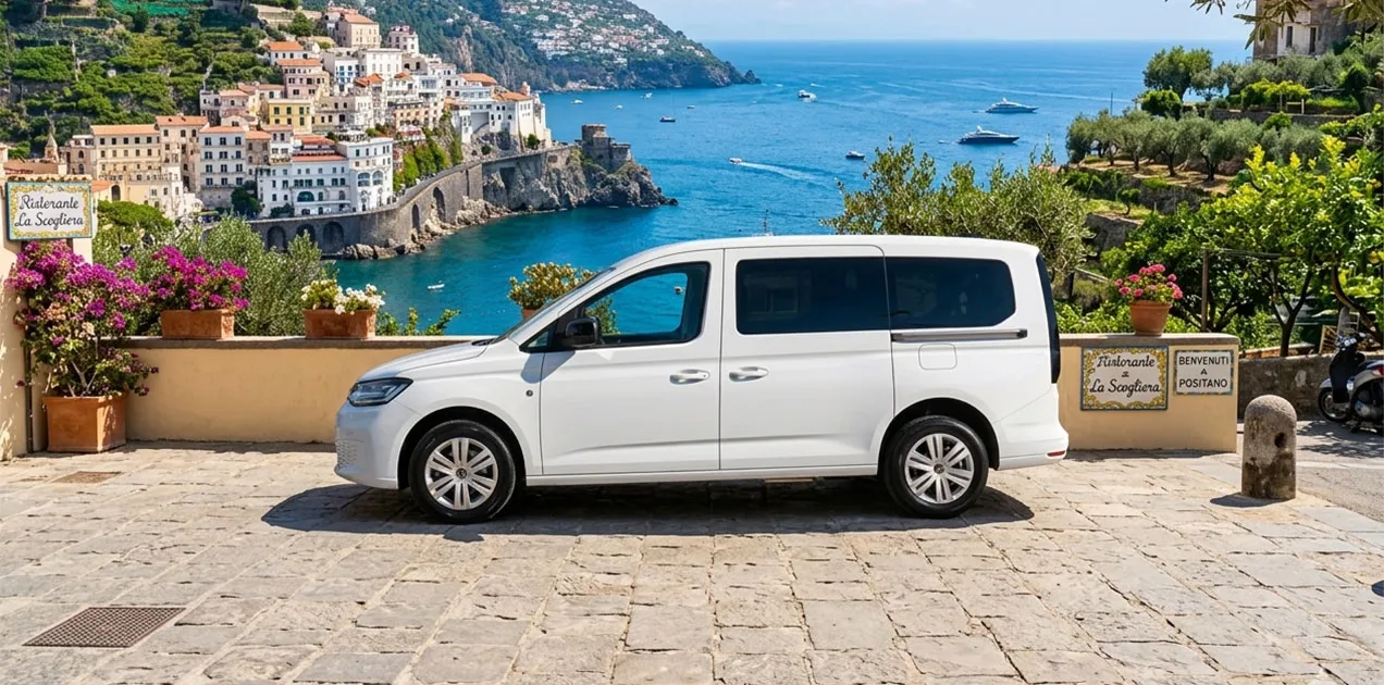 White Volkswagen Caddy minivan parked in Amalfi, offering professional private car service across the Amalfi Coast.